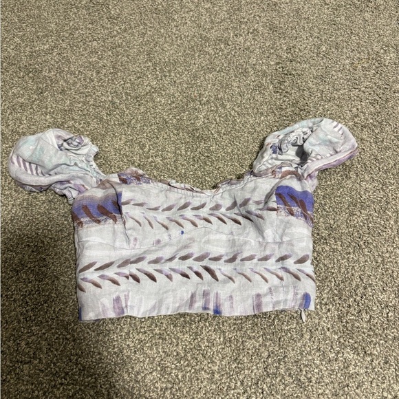 Aritzia Wilfred Linen Crop Smocked Purple Puff-sleeve Top Women's Size XXS - Picture 14 of 14